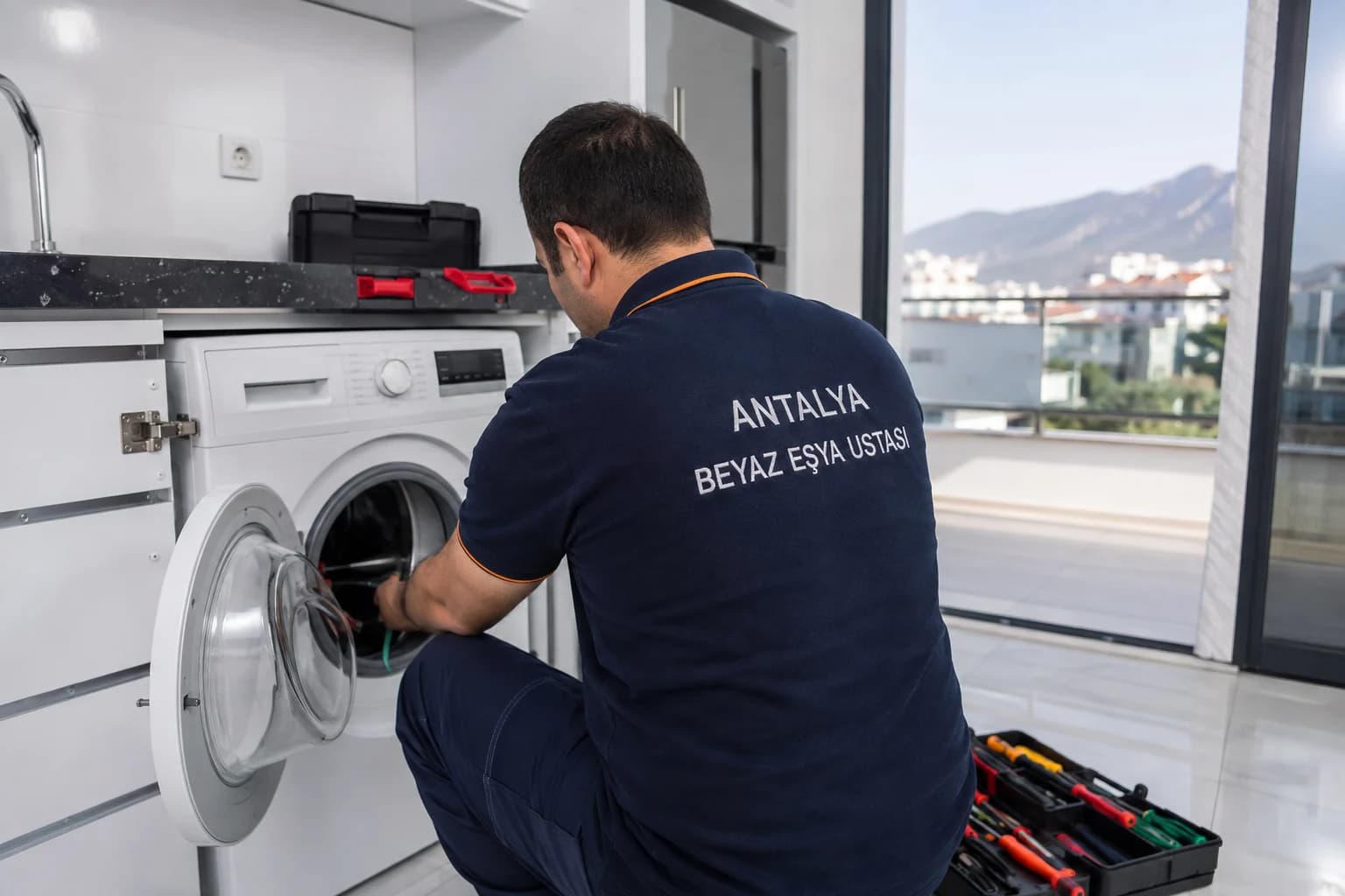 Antalya Beyaz Eşya Ustası markalı iş kıyafetiyle çamaşır makinesini onaran teknisyen